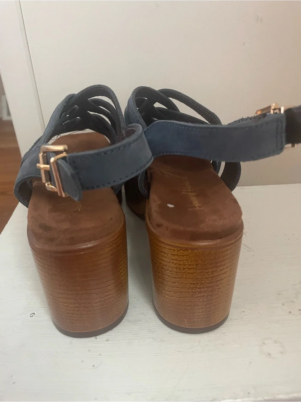 House of Harlow 1960 Denim‎ Blue Blocky Sandals Size 7.5